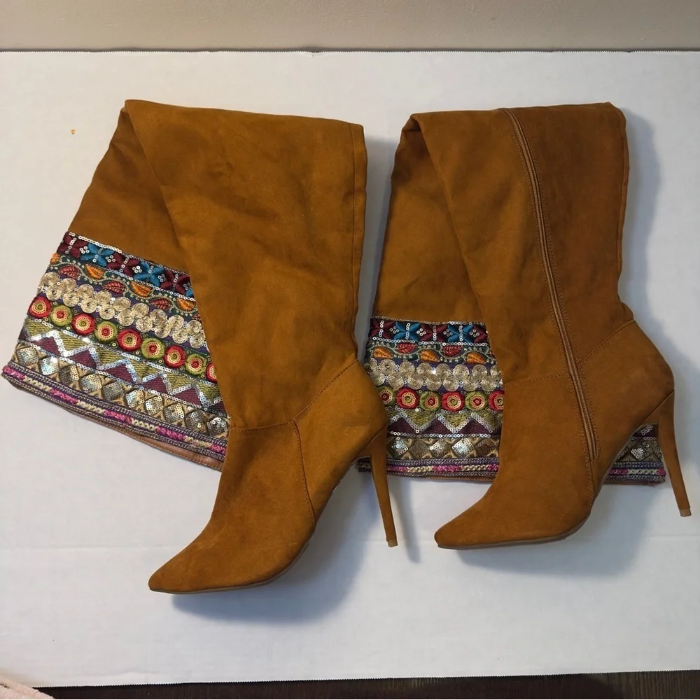 Anne Michelle Tan Faux Suede Aztec Embroidered Over The Knee Thigh High Boots
